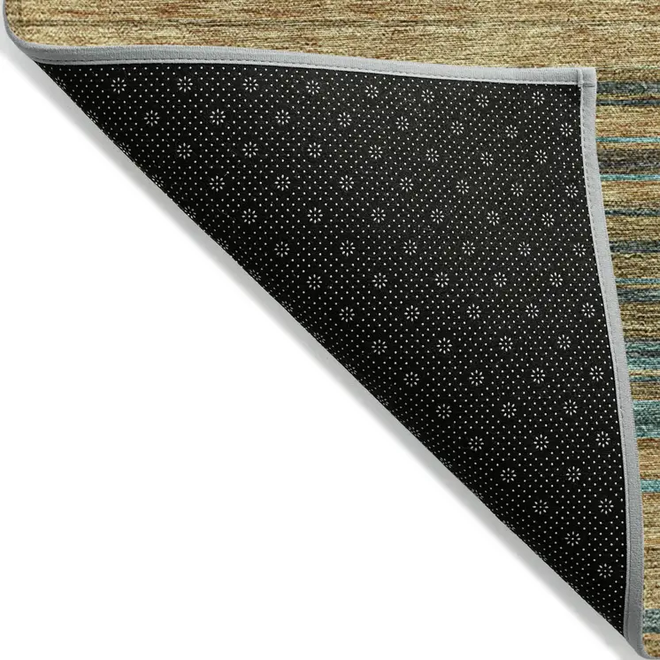 5' X 8' Wheat Brown And Teal Blue Striped Washable Indoor Outdoor Area Rug