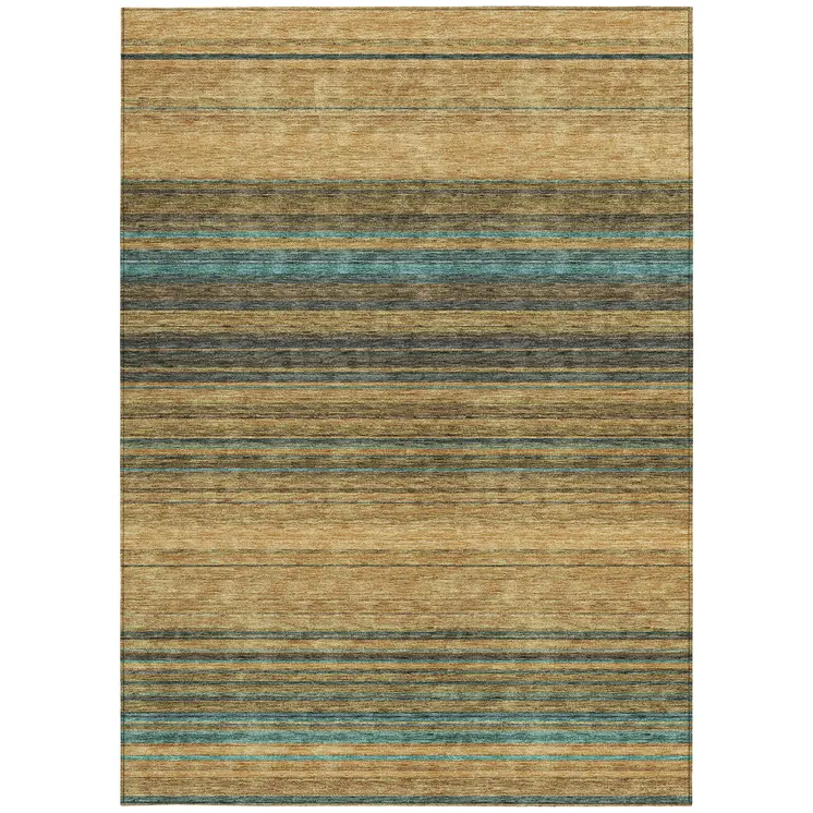 5' X 8' Wheat Brown And Teal Blue Striped Washable Indoor Outdoor Area Rug