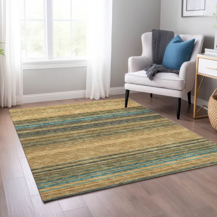 5' X 8' Wheat Brown And Teal Blue Striped Washable Indoor Outdoor Area Rug