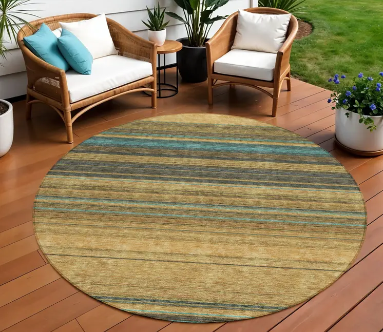 8' Wheat Brown And Teal Blue Round Striped Washable Indoor Outdoor Area Rug