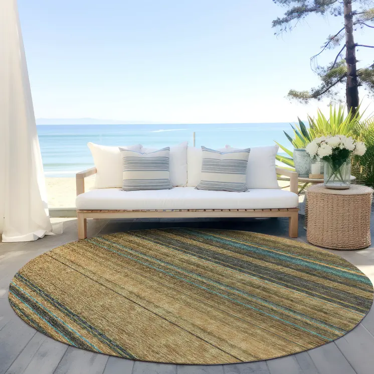 8' Wheat Brown And Teal Blue Round Striped Washable Indoor Outdoor Area Rug