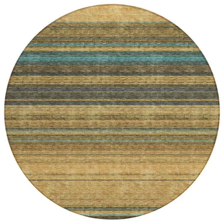 8' Wheat Brown And Teal Blue Round Striped Washable Indoor Outdoor Area Rug