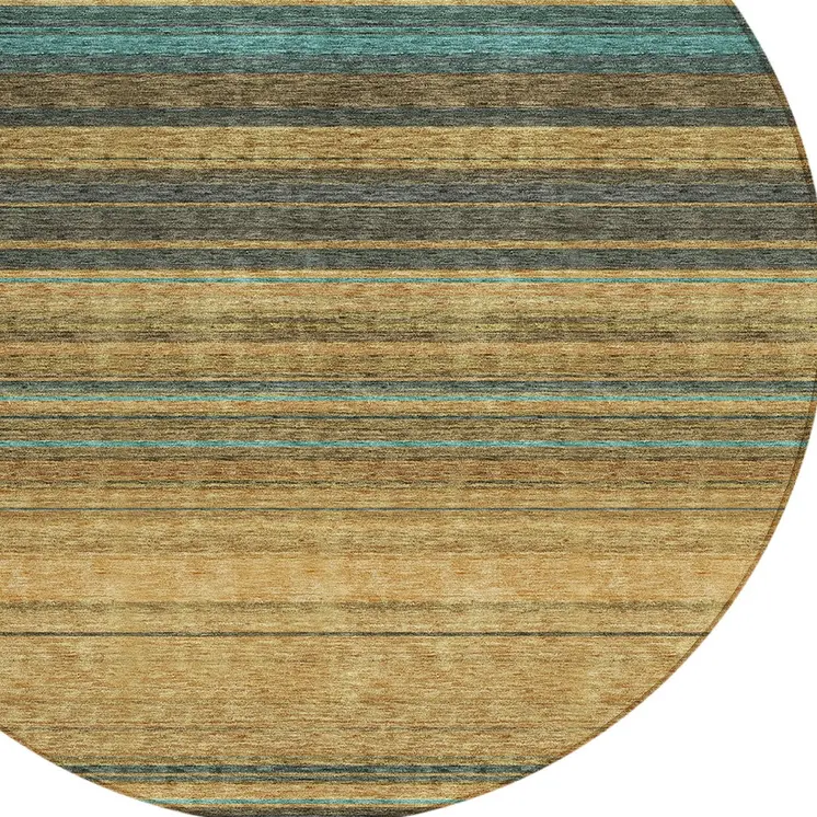 8' Wheat Brown And Teal Blue Round Striped Washable Indoor Outdoor Area Rug