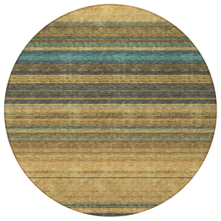 8' Wheat Brown And Teal Blue Round Striped Washable Indoor Outdoor Area Rug