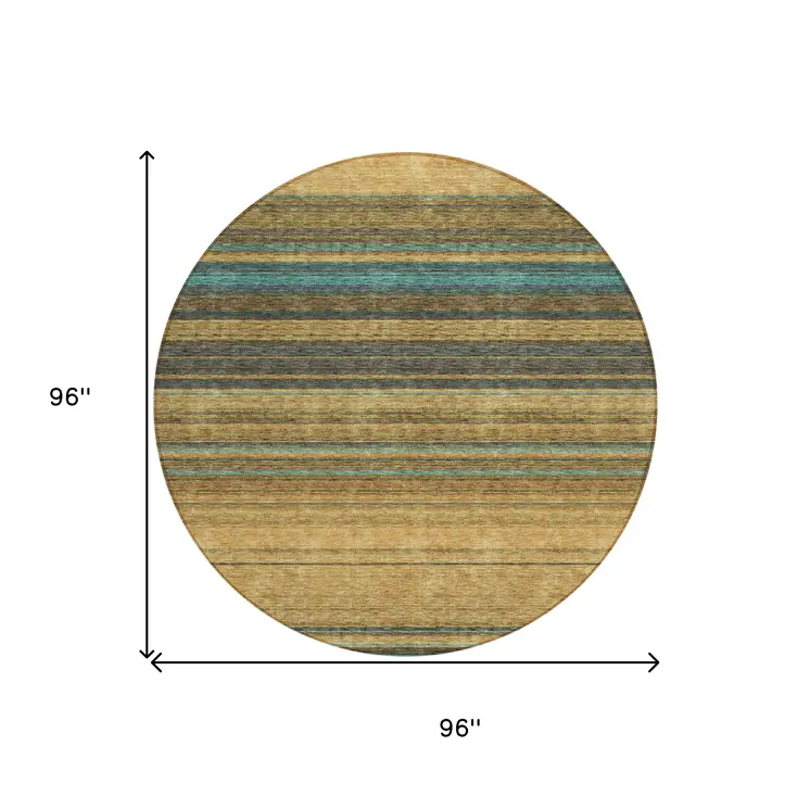 8' Wheat Brown And Teal Blue Round Striped Washable Indoor Outdoor Area Rug