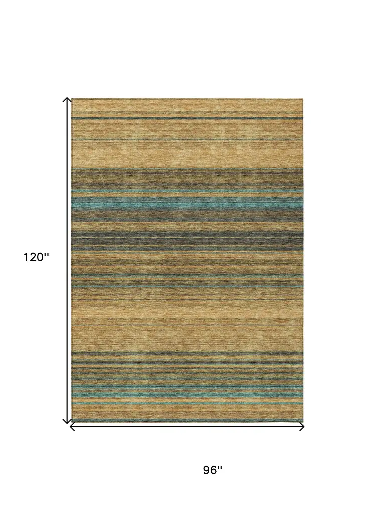 8' X 10' Wheat Brown And Teal Blue Striped Washable Indoor Outdoor Area Rug