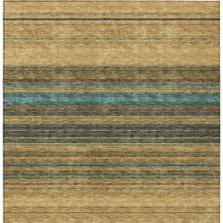 9' X 12' Wheat Brown And Teal Blue Striped Washable Indoor Outdoor Area Rug