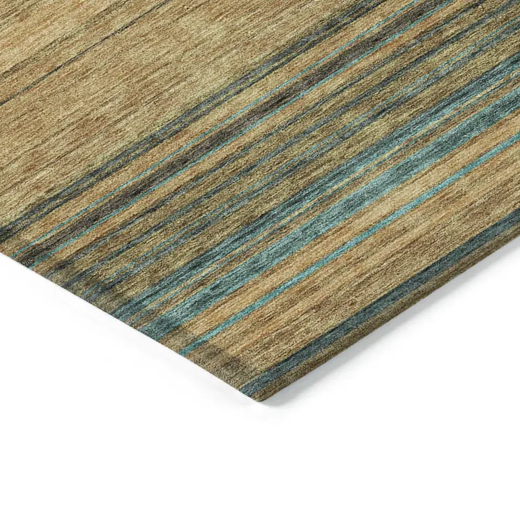 9' X 12' Wheat Brown And Teal Blue Striped Washable Indoor Outdoor Area Rug