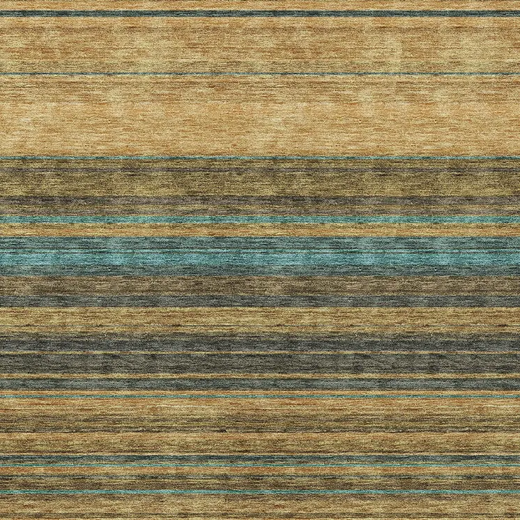9' X 12' Wheat Brown And Teal Blue Striped Washable Indoor Outdoor Area Rug