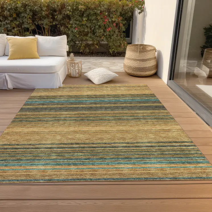 10' X 14' Wheat Brown And Teal Blue Striped Washable Indoor Outdoor Area Rug