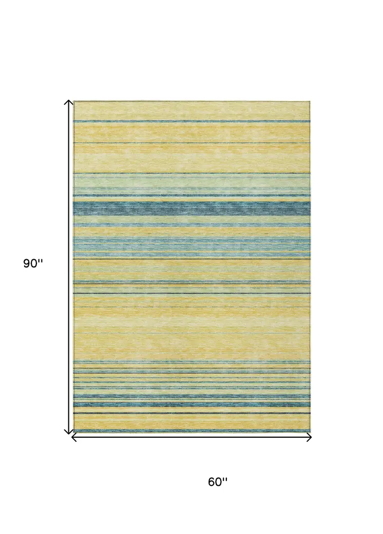 5' X 8' Yellow Denim Blue And Sky Blue Striped Washable Indoor Outdoor Area Rug