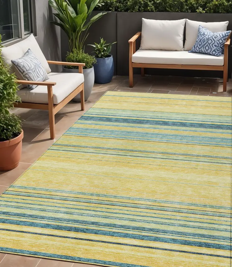 5' X 8' Yellow Denim Blue And Sky Blue Striped Washable Indoor Outdoor Area Rug