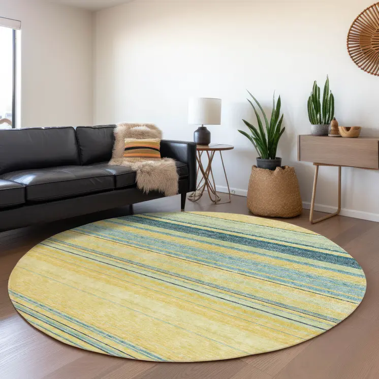 8' Yellow Denim Blue And Sky Blue Round Striped Washable Indoor Outdoor Area Rug