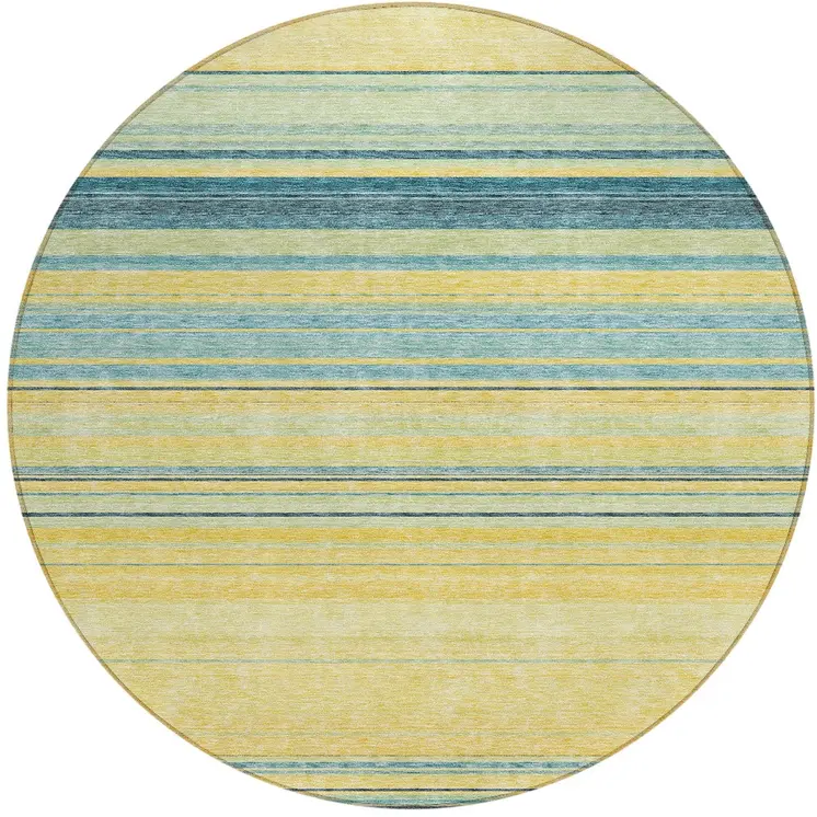 8' Yellow Denim Blue And Sky Blue Round Striped Washable Indoor Outdoor Area Rug