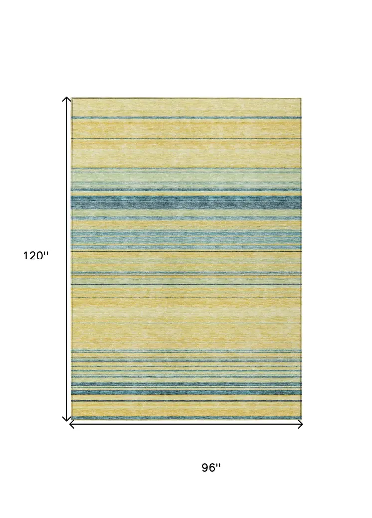 8' X 10' Yellow Denim Blue And Sky Blue Striped Washable Indoor Outdoor Area Rug
