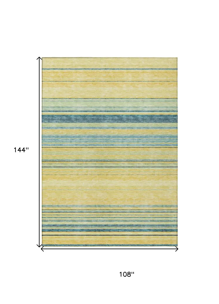9' X 12' Yellow Denim Blue And Sky Blue Striped Washable Indoor Outdoor Area Rug