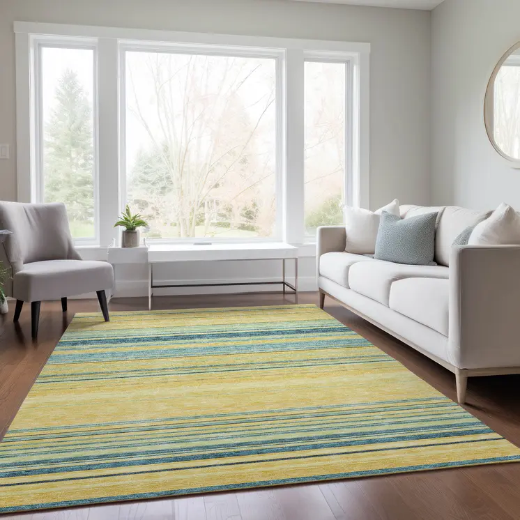 9' X 12' Yellow Denim Blue And Sky Blue Striped Washable Indoor Outdoor Area Rug
