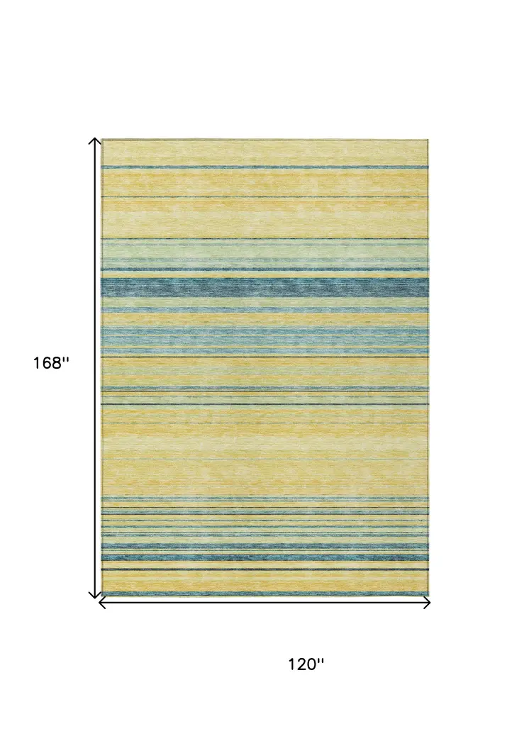 10' X 14' Yellow Denim Blue And Sky Blue Striped Washable Indoor Outdoor Area Rug