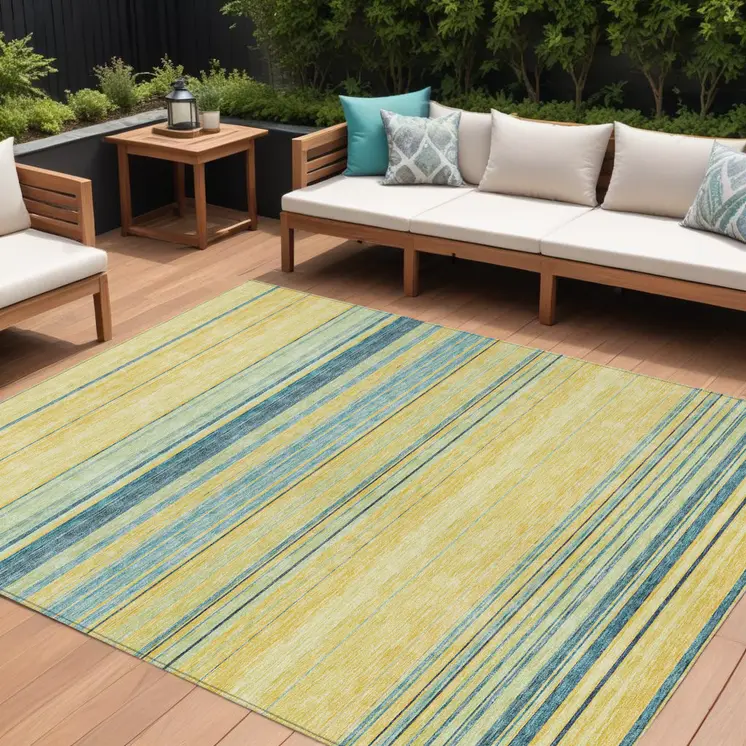 10' X 14' Yellow Denim Blue And Sky Blue Striped Washable Indoor Outdoor Area Rug
