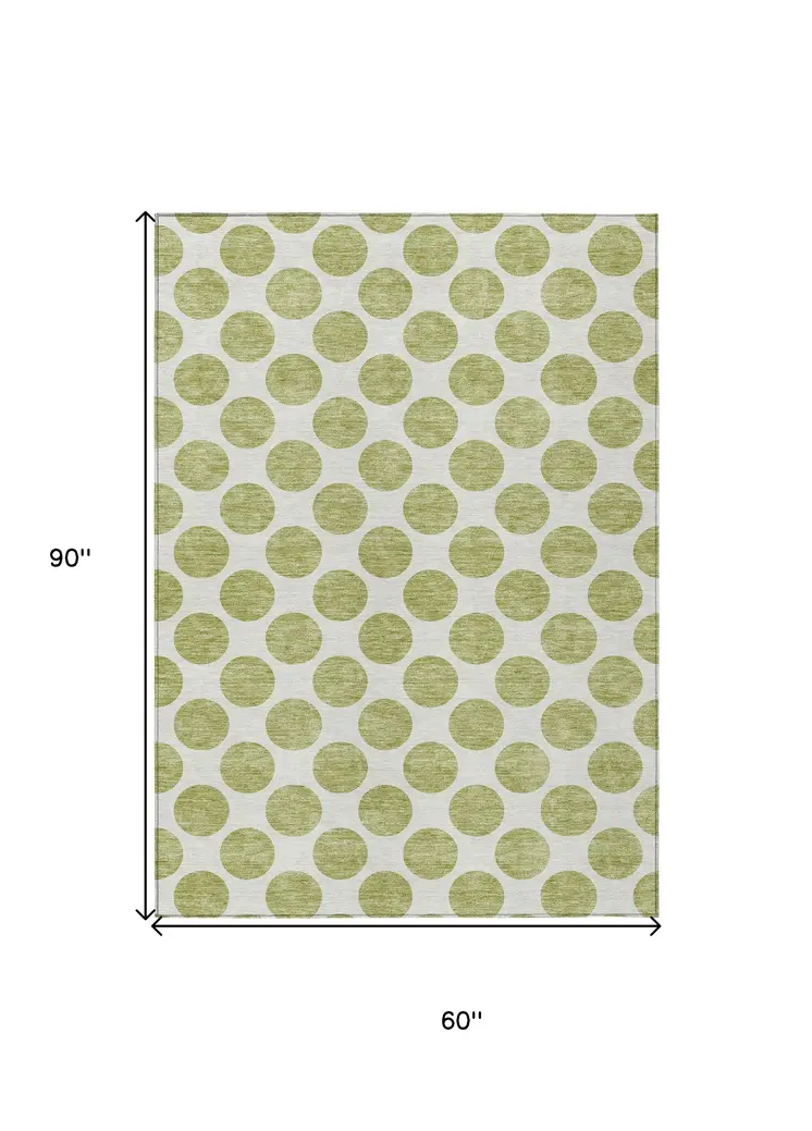 5' X 8' Sage And Ivory Polka Dot Washable Indoor Outdoor Area Rug