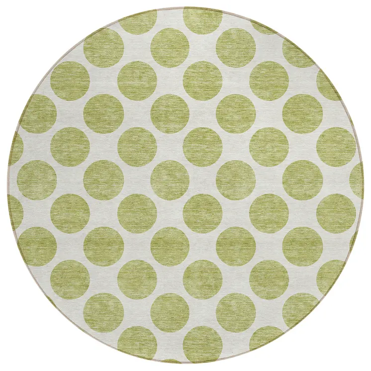 8' Sage And Ivory Round Polka Dot Washable Indoor Outdoor Area Rug