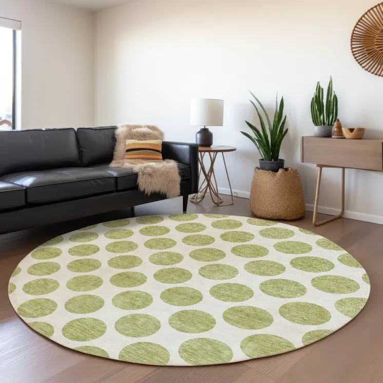 8' Sage And Ivory Round Polka Dot Washable Indoor Outdoor Area Rug