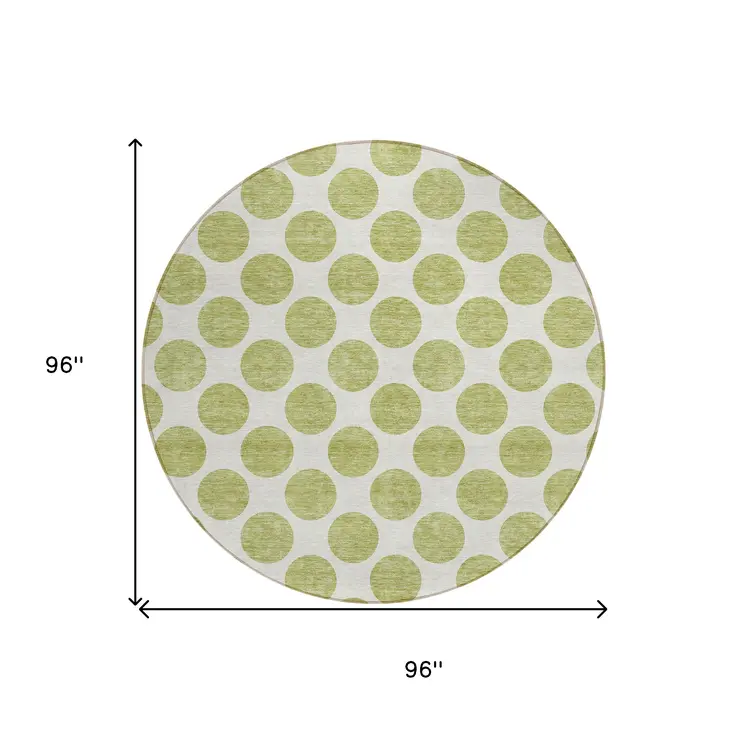 8' Sage And Ivory Round Polka Dot Washable Indoor Outdoor Area Rug