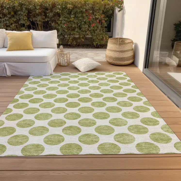 8' X 10' Sage And Ivory Polka Dot Washable Indoor Outdoor Area Rug