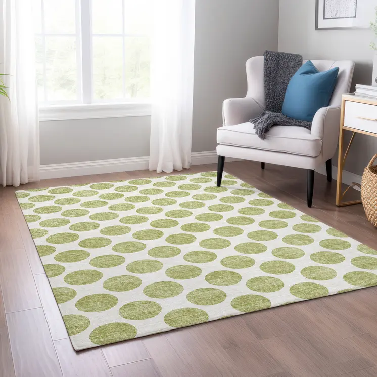 8' X 10' Sage And Ivory Polka Dot Washable Indoor Outdoor Area Rug