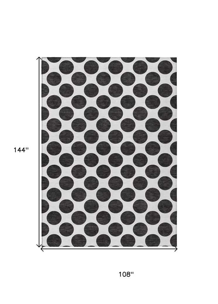 9' X 12' Black And Ivory Polka Dot Washable Indoor Outdoor Area Rug
