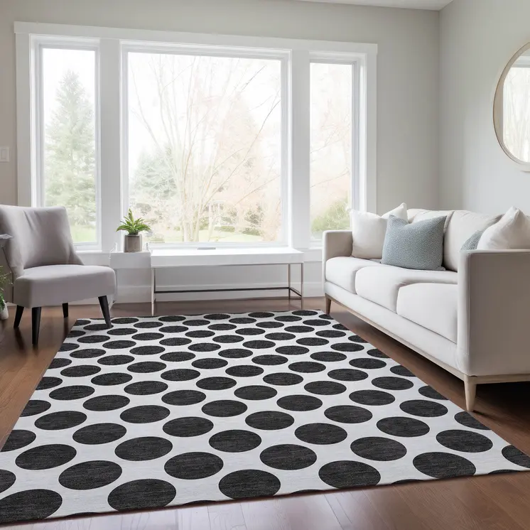 10' X 14' Black And Ivory Polka Dot Washable Indoor Outdoor Area Rug