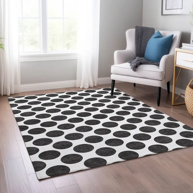 10' X 14' Black And Ivory Polka Dot Washable Indoor Outdoor Area Rug