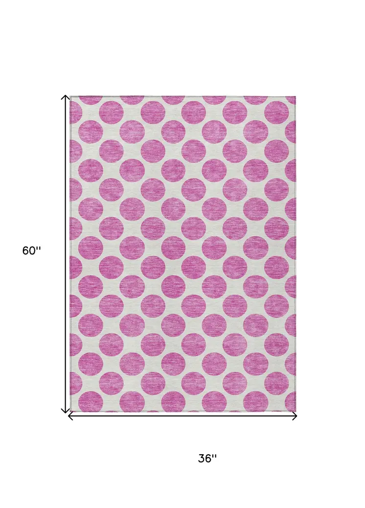 3' X 5' Blush And Ivory Polka Dot Washable Indoor Outdoor Area Rug