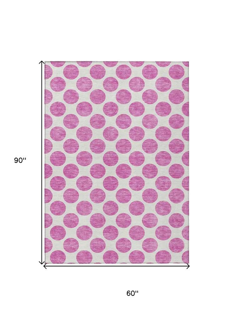 5' X 8' Blush And Ivory Polka Dot Washable Indoor Outdoor Area Rug