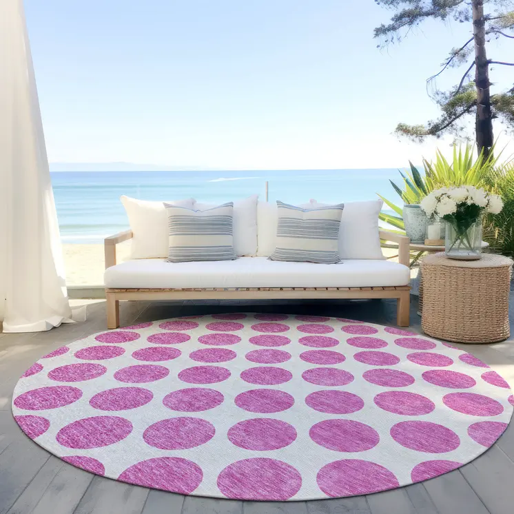 8' Blush And Ivory Round Polka Dot Washable Indoor Outdoor Area Rug