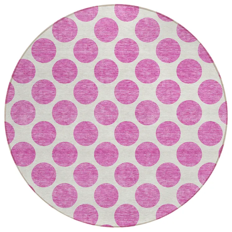 8' Blush And Ivory Round Polka Dot Washable Indoor Outdoor Area Rug