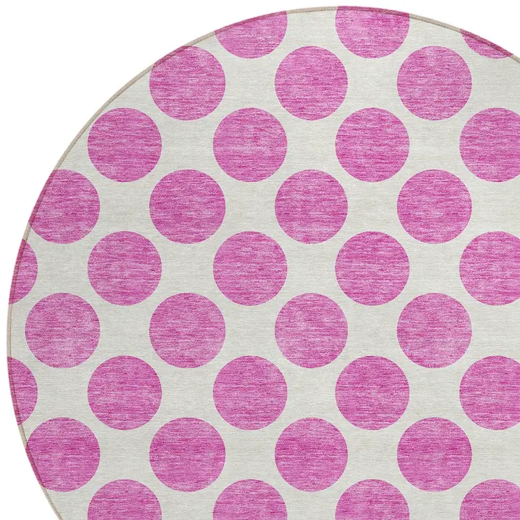 8' Blush And Ivory Round Polka Dot Washable Indoor Outdoor Area Rug
