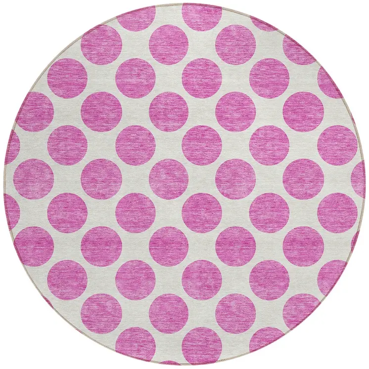 8' Blush And Ivory Round Polka Dot Washable Indoor Outdoor Area Rug