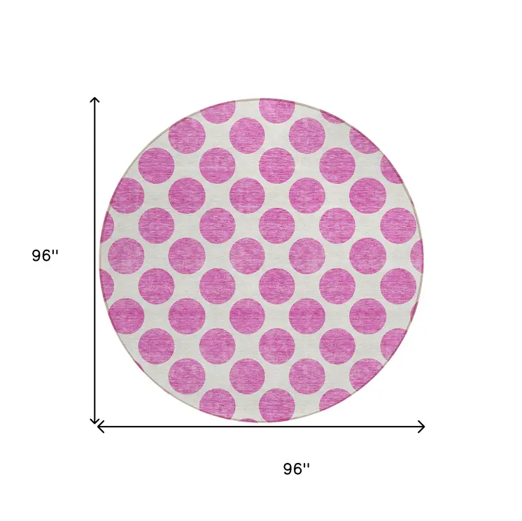 8' Blush And Ivory Round Polka Dot Washable Indoor Outdoor Area Rug