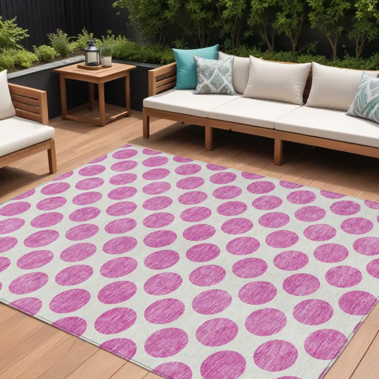8' X 10' Blush And Ivory Polka Dot Washable Indoor Outdoor Area Rug