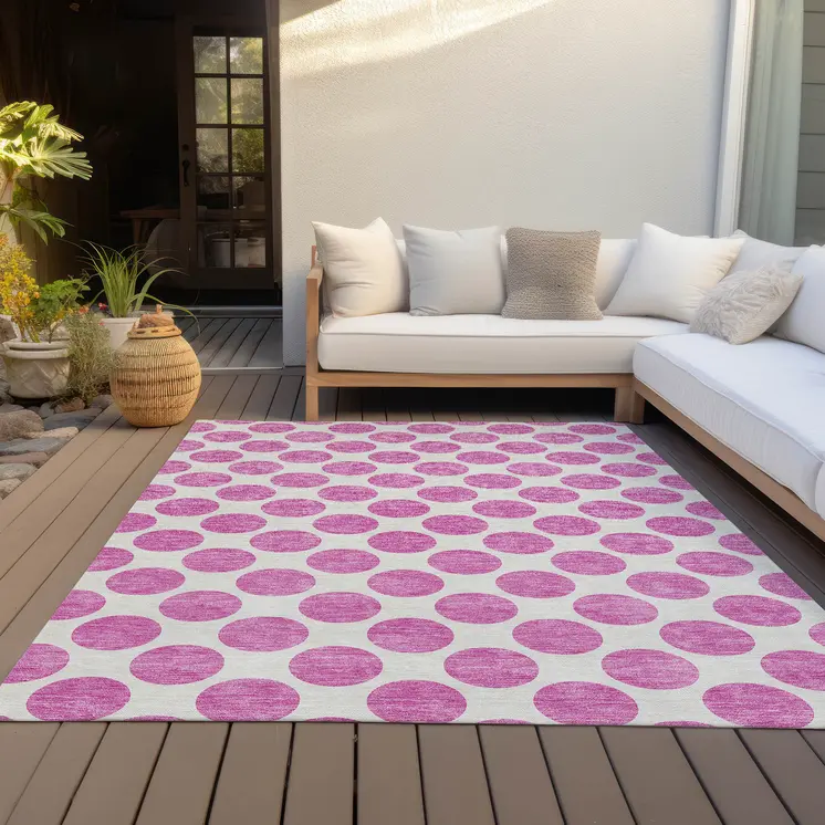 10' X 14' Blush And Ivory Polka Dot Washable Indoor Outdoor Area Rug