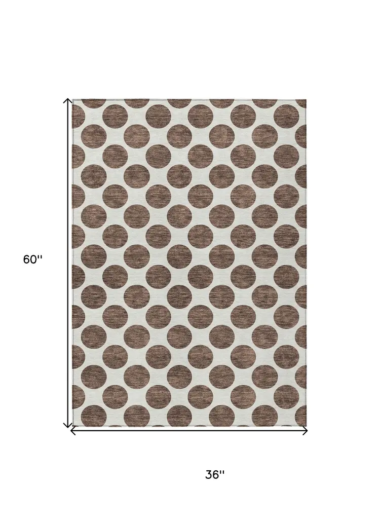 3' X 5' Brown And Ivory Polka Dot Washable Indoor Outdoor Area Rug