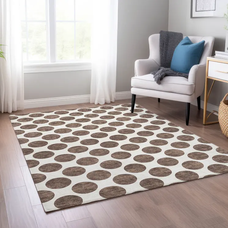 3' X 5' Brown And Ivory Polka Dot Washable Indoor Outdoor Area Rug