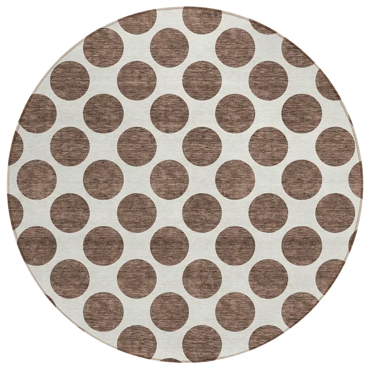 8' Brown And Ivory Round Polka Dot Washable Indoor Outdoor Area Rug