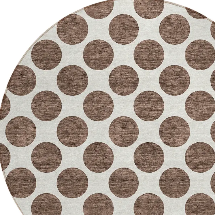 8' Brown And Ivory Round Polka Dot Washable Indoor Outdoor Area Rug