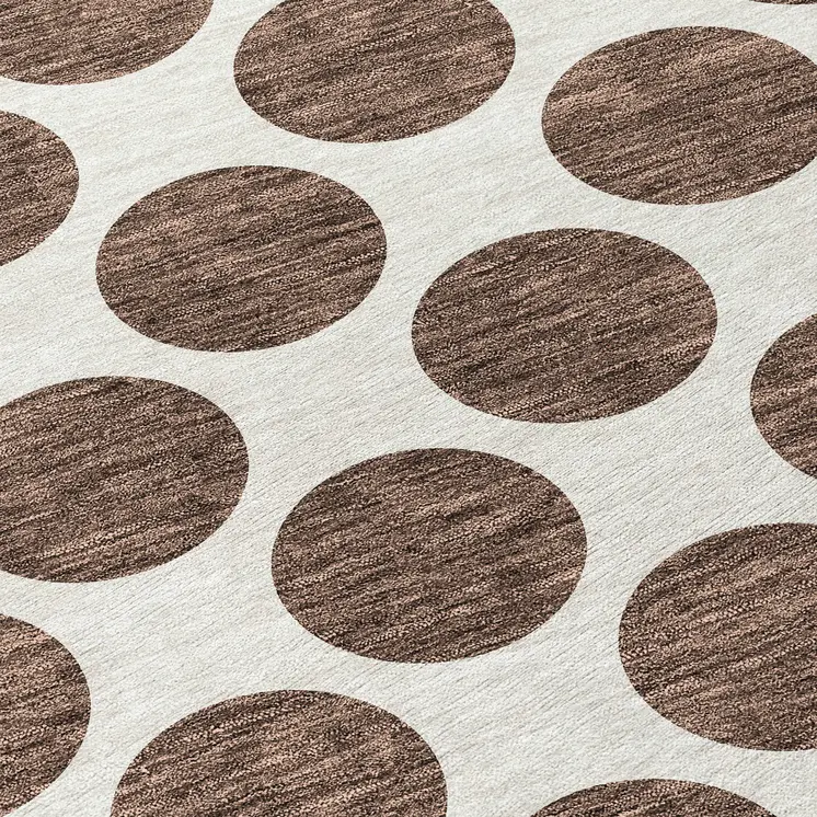 8' Brown And Ivory Round Polka Dot Washable Indoor Outdoor Area Rug
