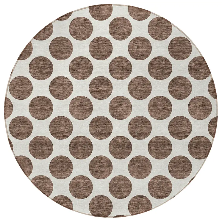 8' Brown And Ivory Round Polka Dot Washable Indoor Outdoor Area Rug