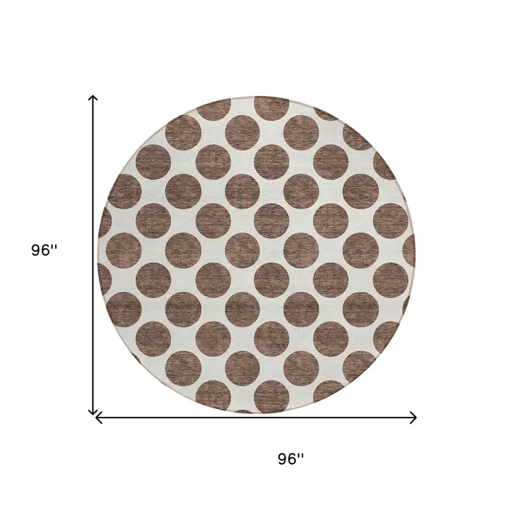8' Brown And Ivory Round Polka Dot Washable Indoor Outdoor Area Rug