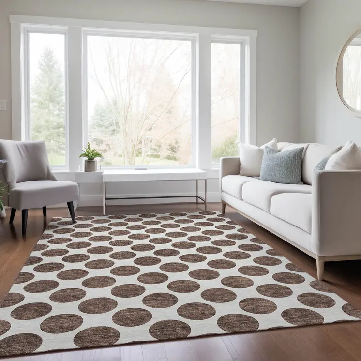 8' X 10' Brown And Ivory Polka Dot Washable Indoor Outdoor Area Rug