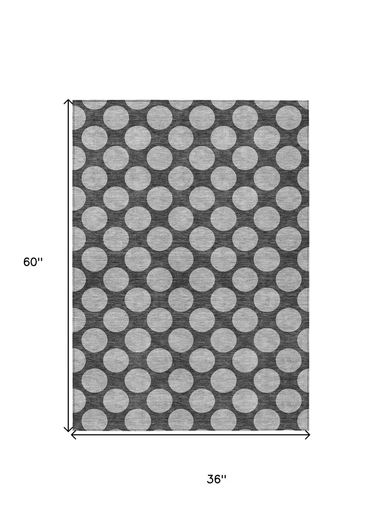 3' X 5' Charcoal And Ivory Polka Dot Washable Indoor Outdoor Area Rug